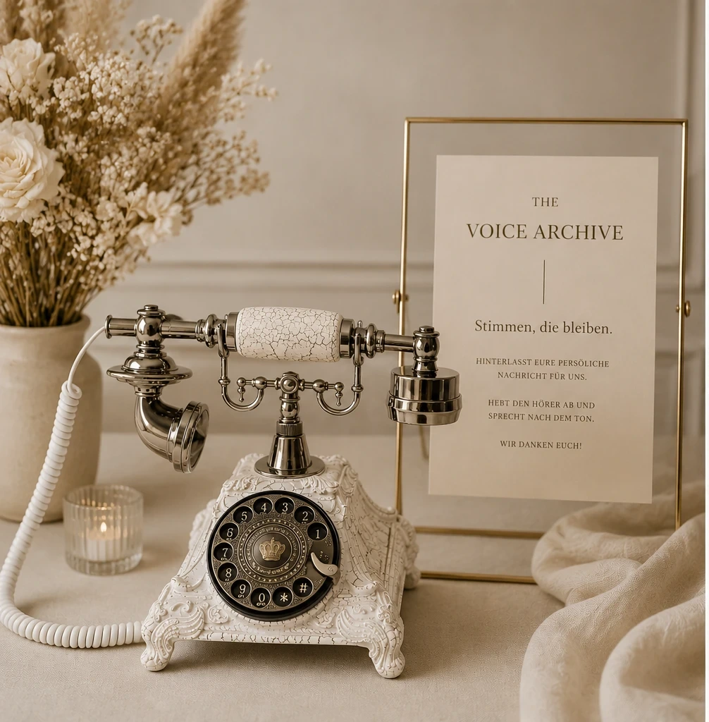 Ein nostalgisches weißes Retro-Telefon neben einem Schild mit der Aufschrift 'The Voice Archive – Stimmen, die bleiben'